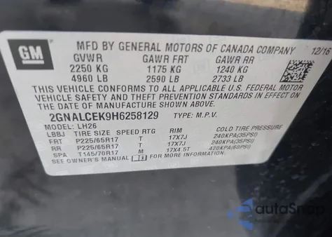 2017 Chevrolet Equinox Lt from USA, damaged, VIN 2GNALCEK9H6258129